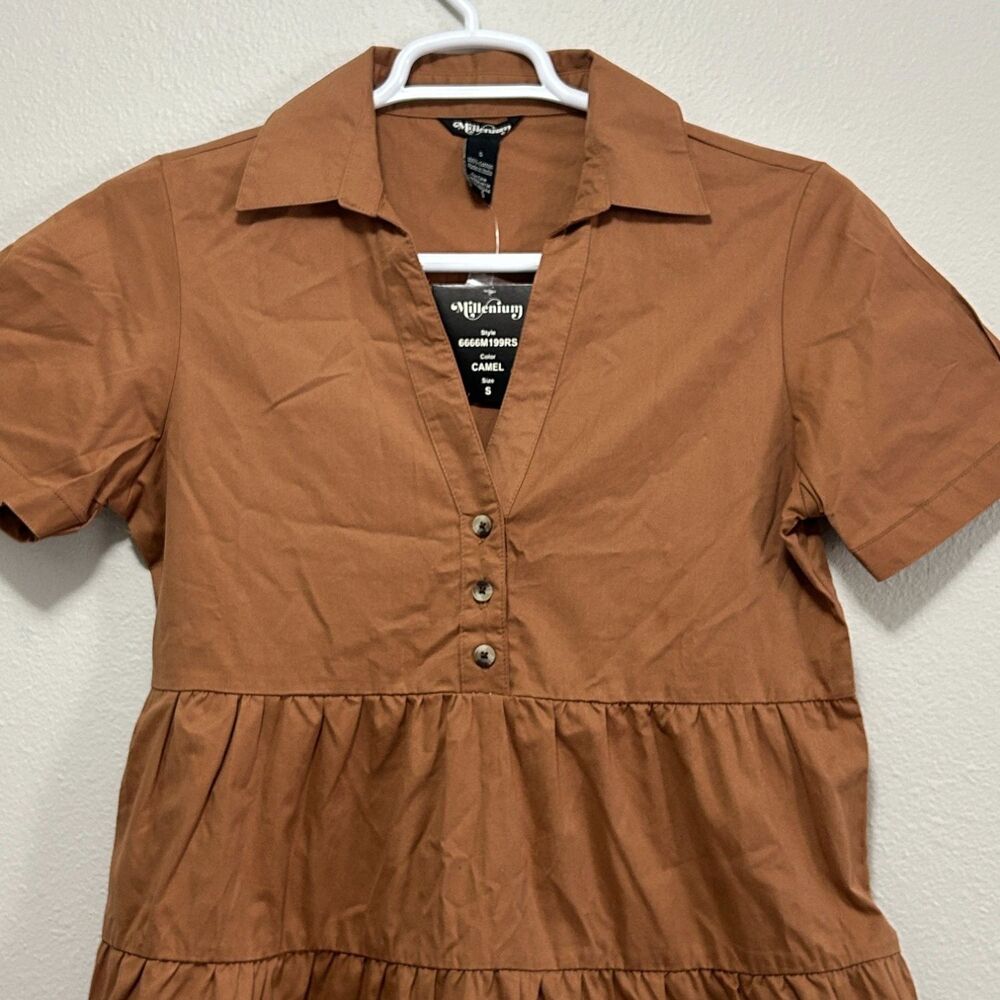 Millenium Womens Tiered Mini Dress S Brown Short Sleeve NWT